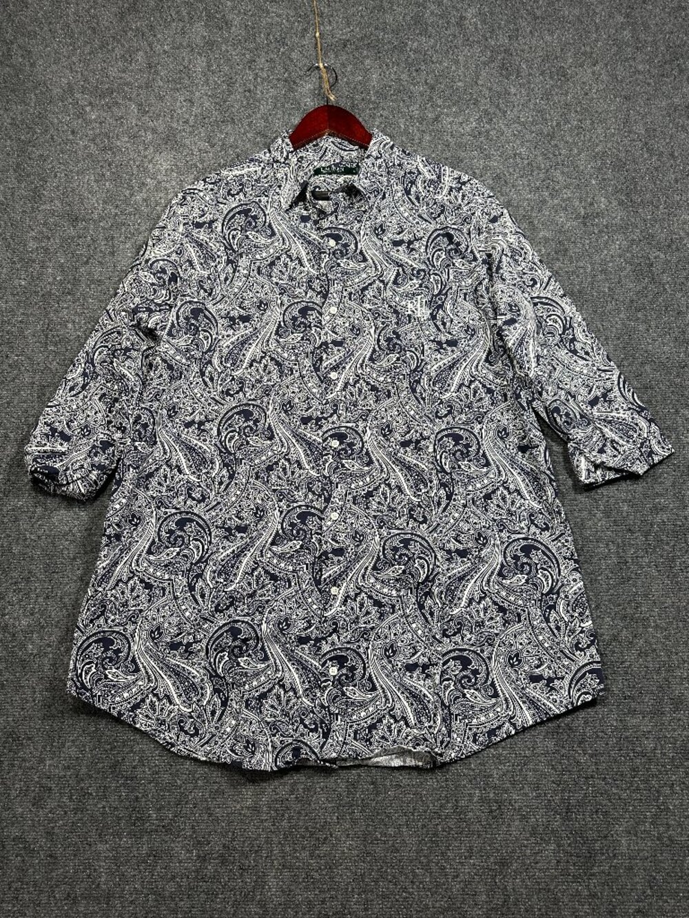 LRL Lauren Ralph Lauren Top Womens Large Blue Paisley Cotton 3/4 Sleeve  Buttons